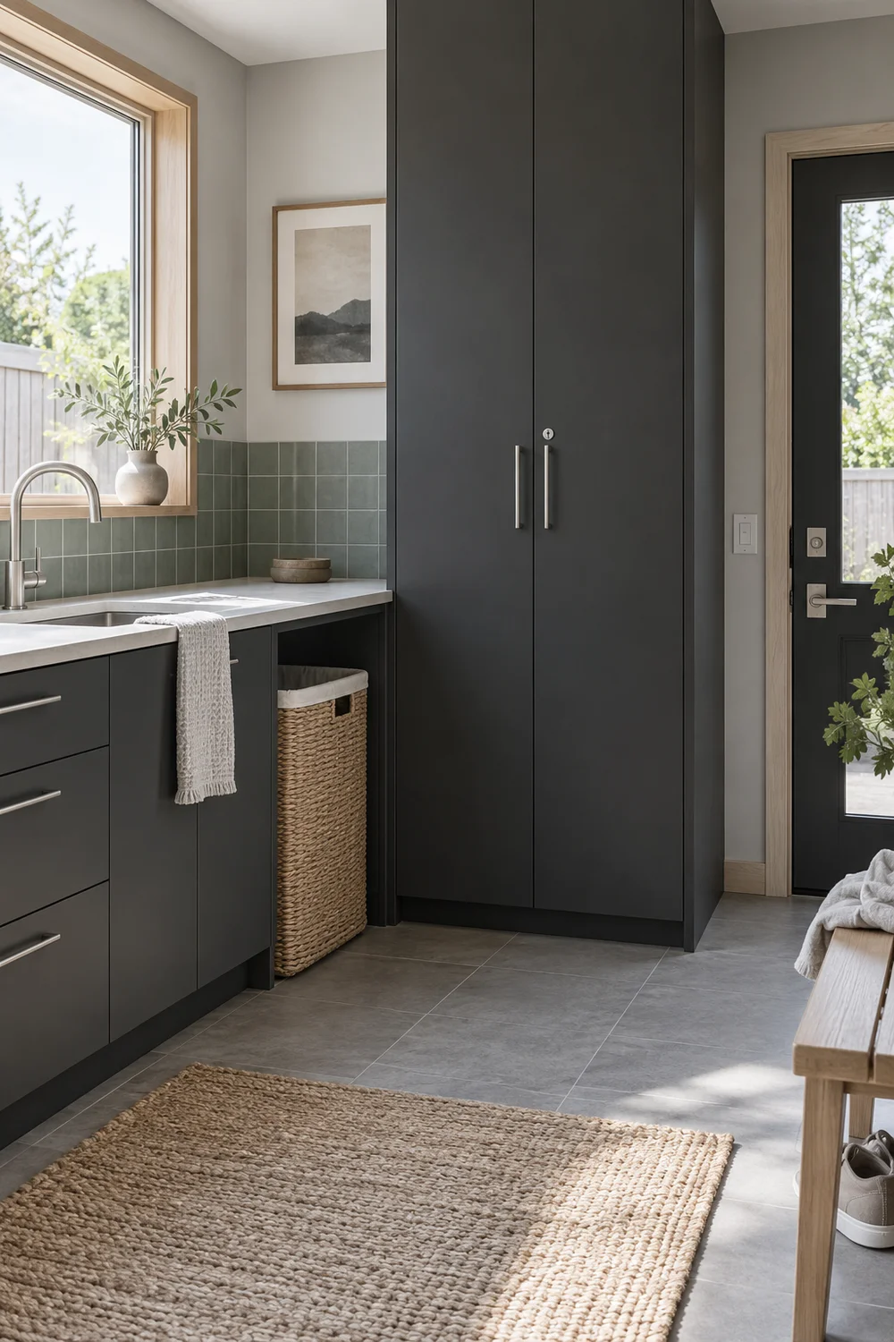 Closed charcoal supply cupboard with a small lock beside a utility sink