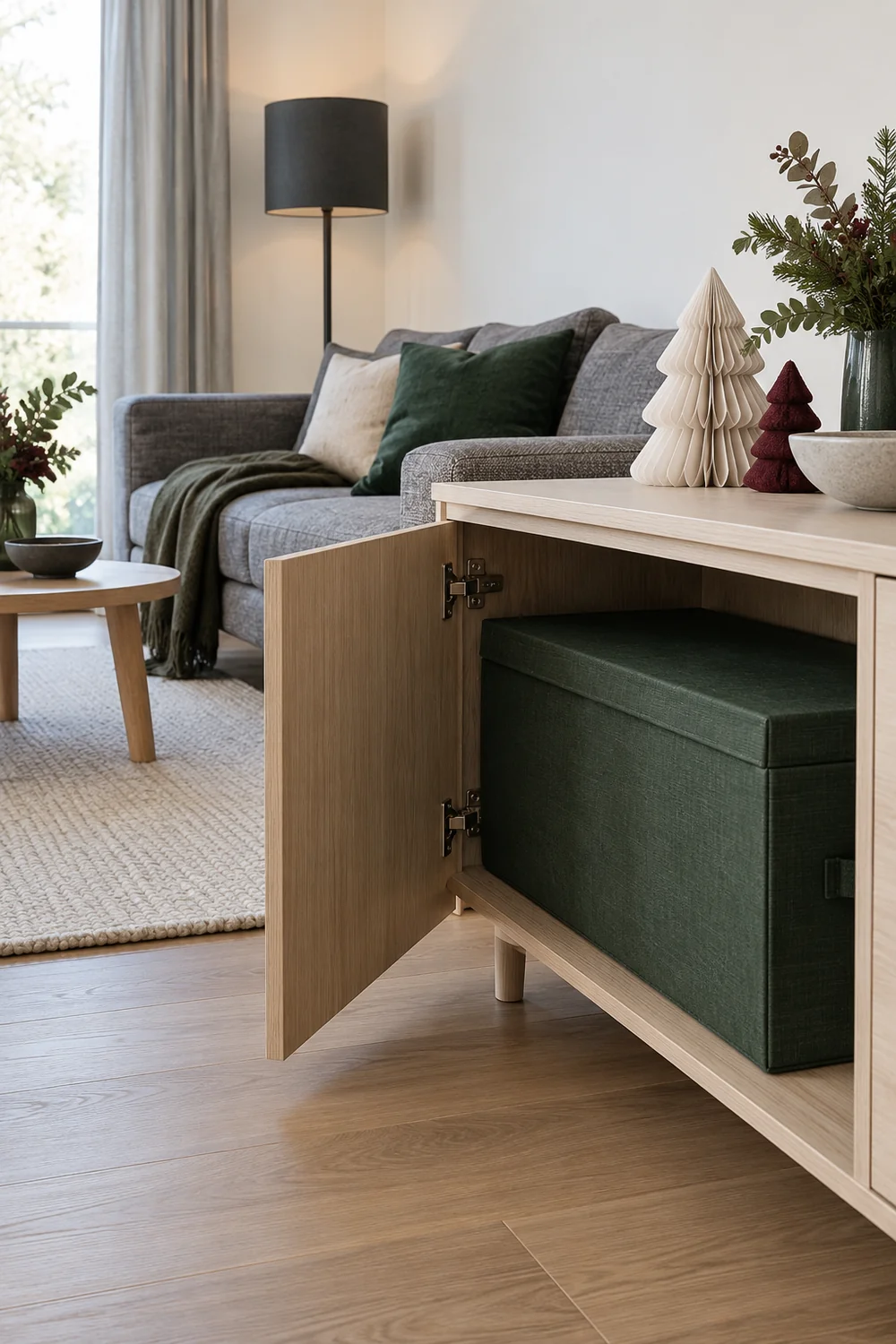 Closed green storage box inside an open ash cupboard