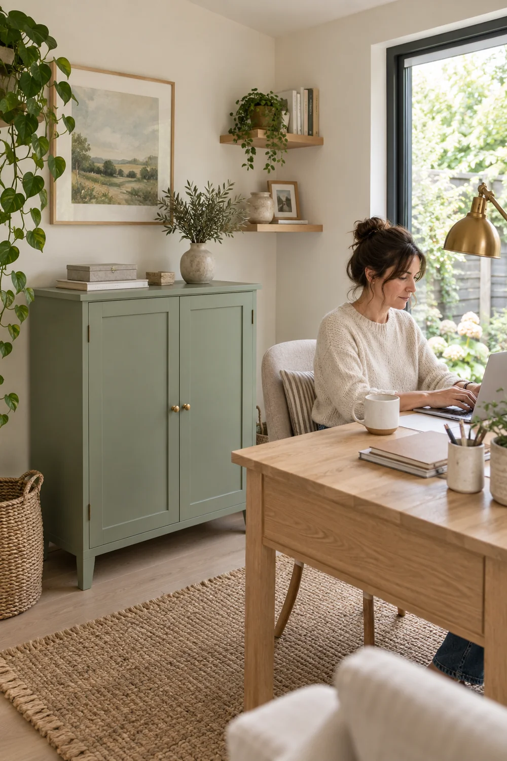 Closed sage cabinet behind a woman working at an oak desk