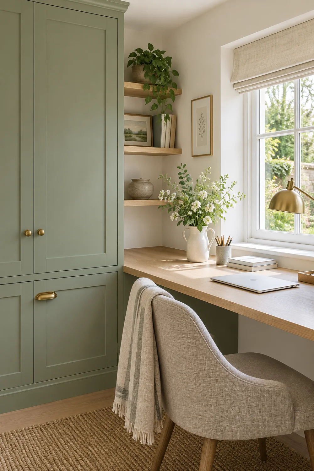 Closed sage cabinet beside a clear oak work surface