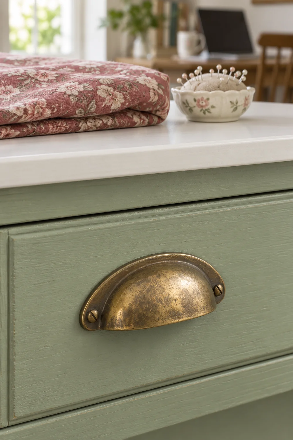 Closed sage sewing drawer with a brass handle beneath folded floral fabric