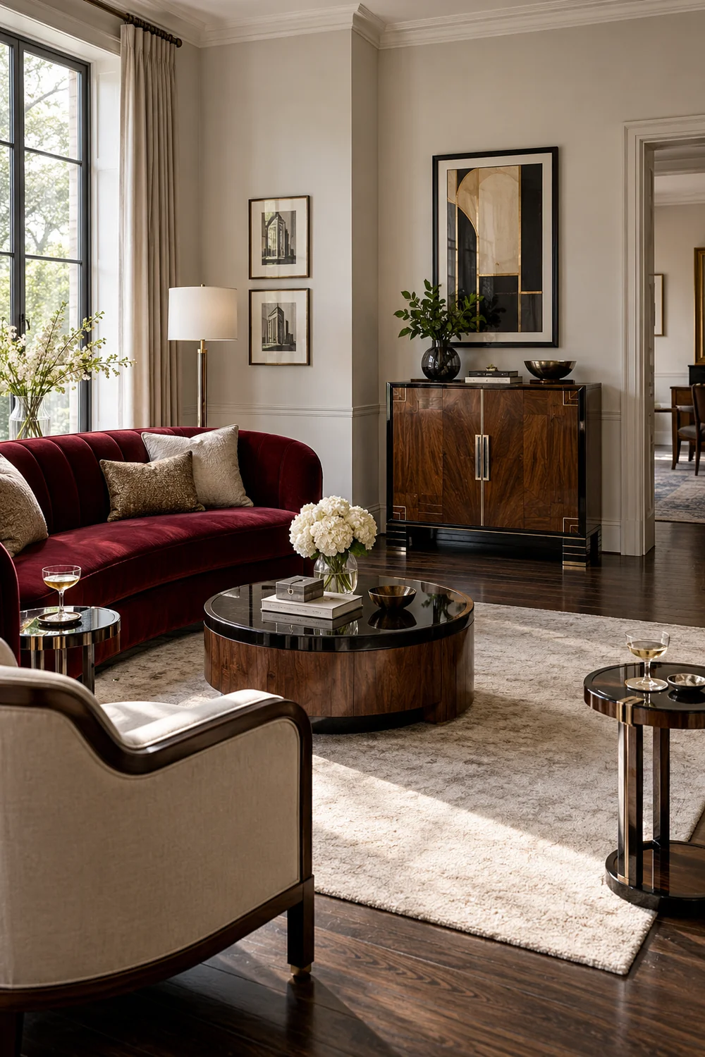 Closed walnut cabinet beyond red seating and small glass landing tables