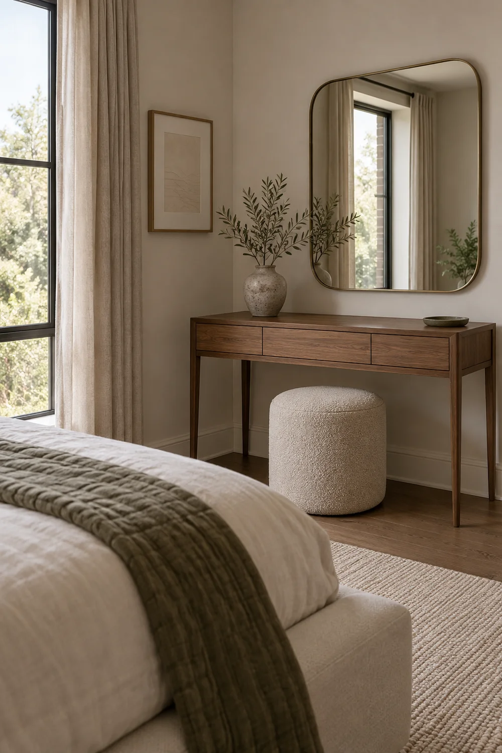 Closed walnut vanity with clear tabletop beside made bed
