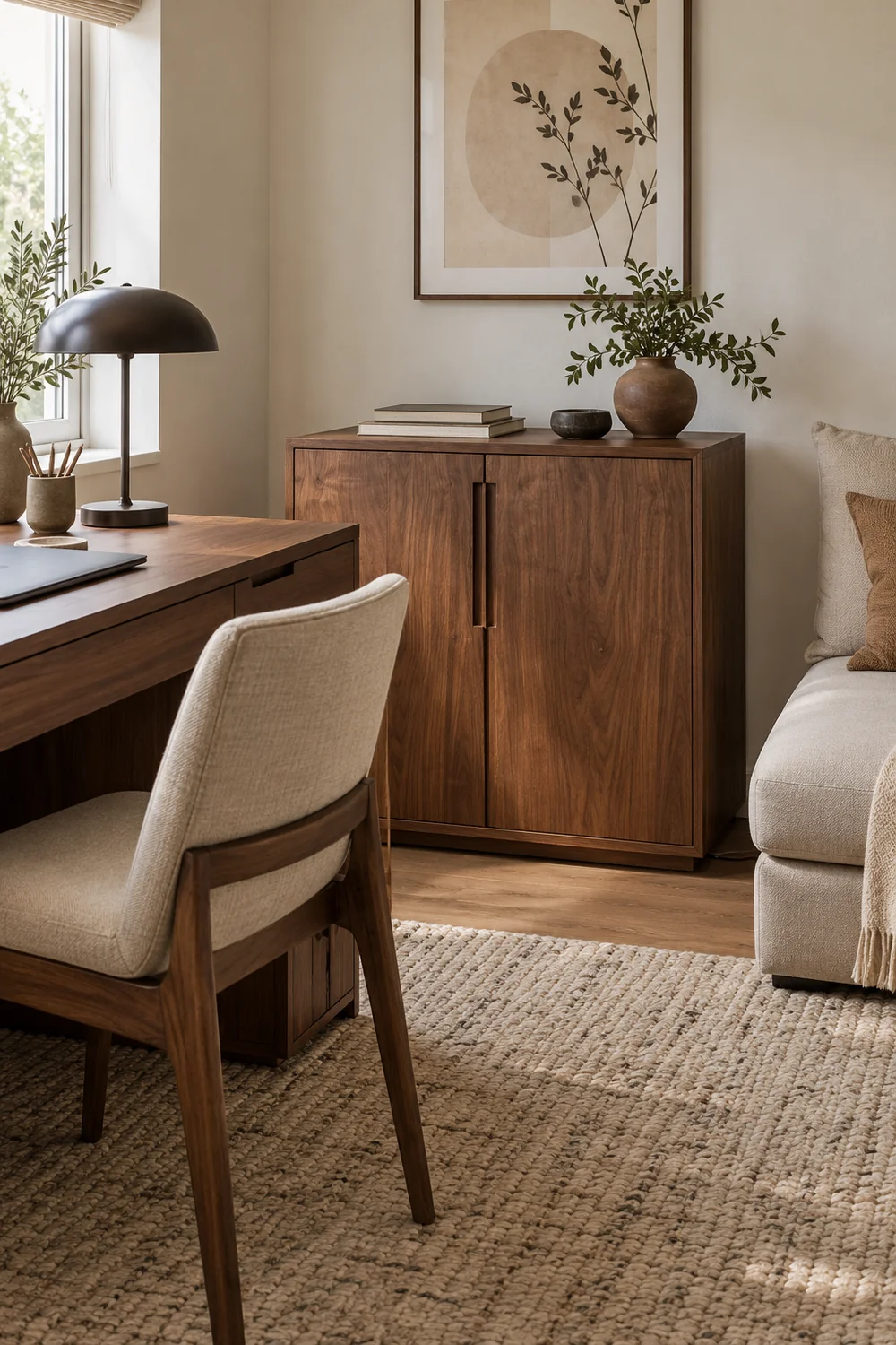 Closed walnut work cabinet between a desk and oatmeal guest sofa