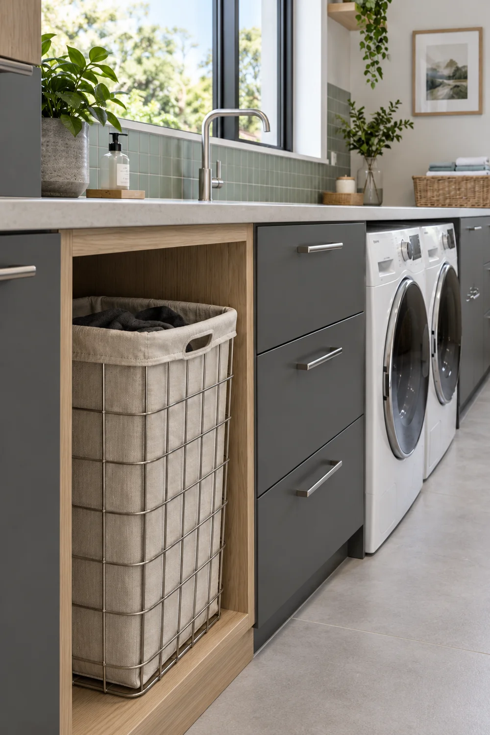 Cloth lined hamper fitted inside an ash framed utility cabinet bay