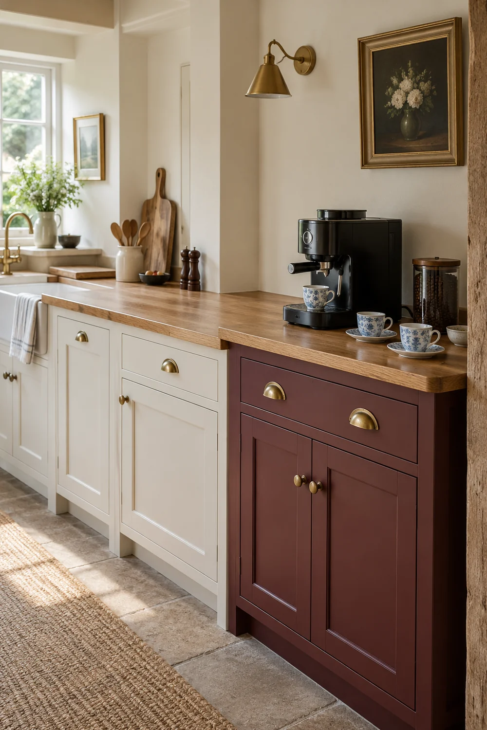 Coffee machine and blue and white cups on a burgundy cabinet beside a clear kitchen counter