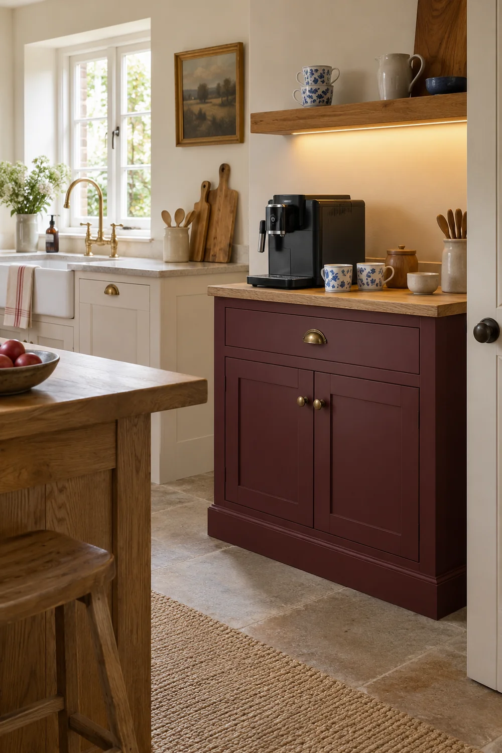 Coffee machine and patterned cups beneath a fitted oak shelf light
