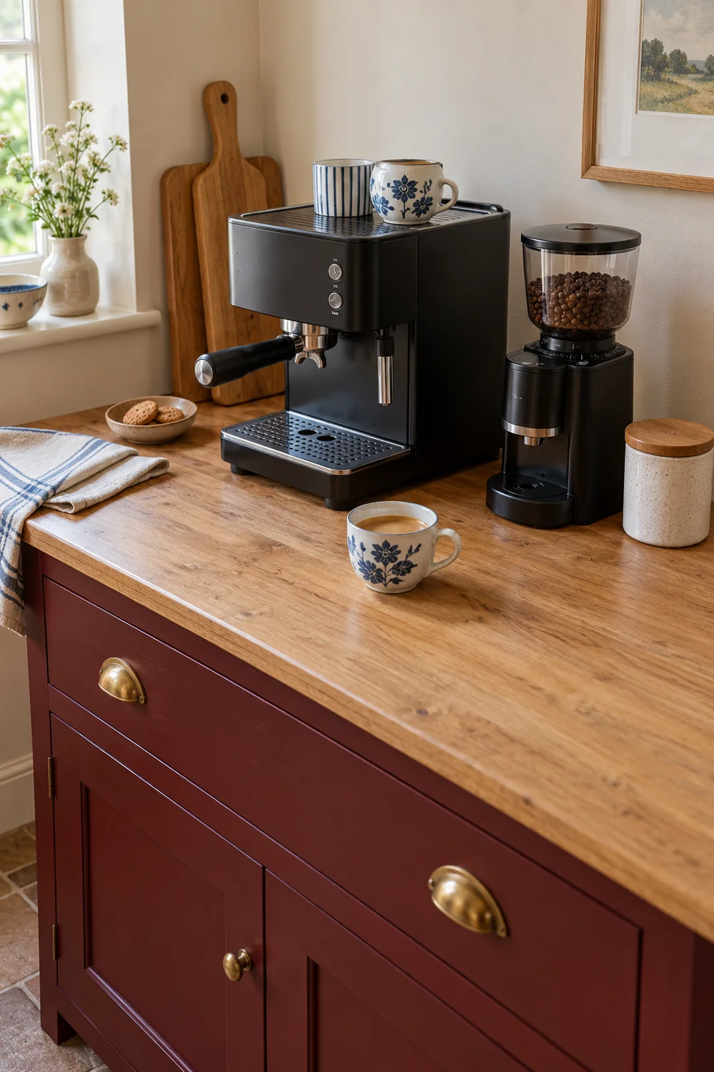 Coffee machine grinder and patterned cup on an oak cabinet top with clear front space