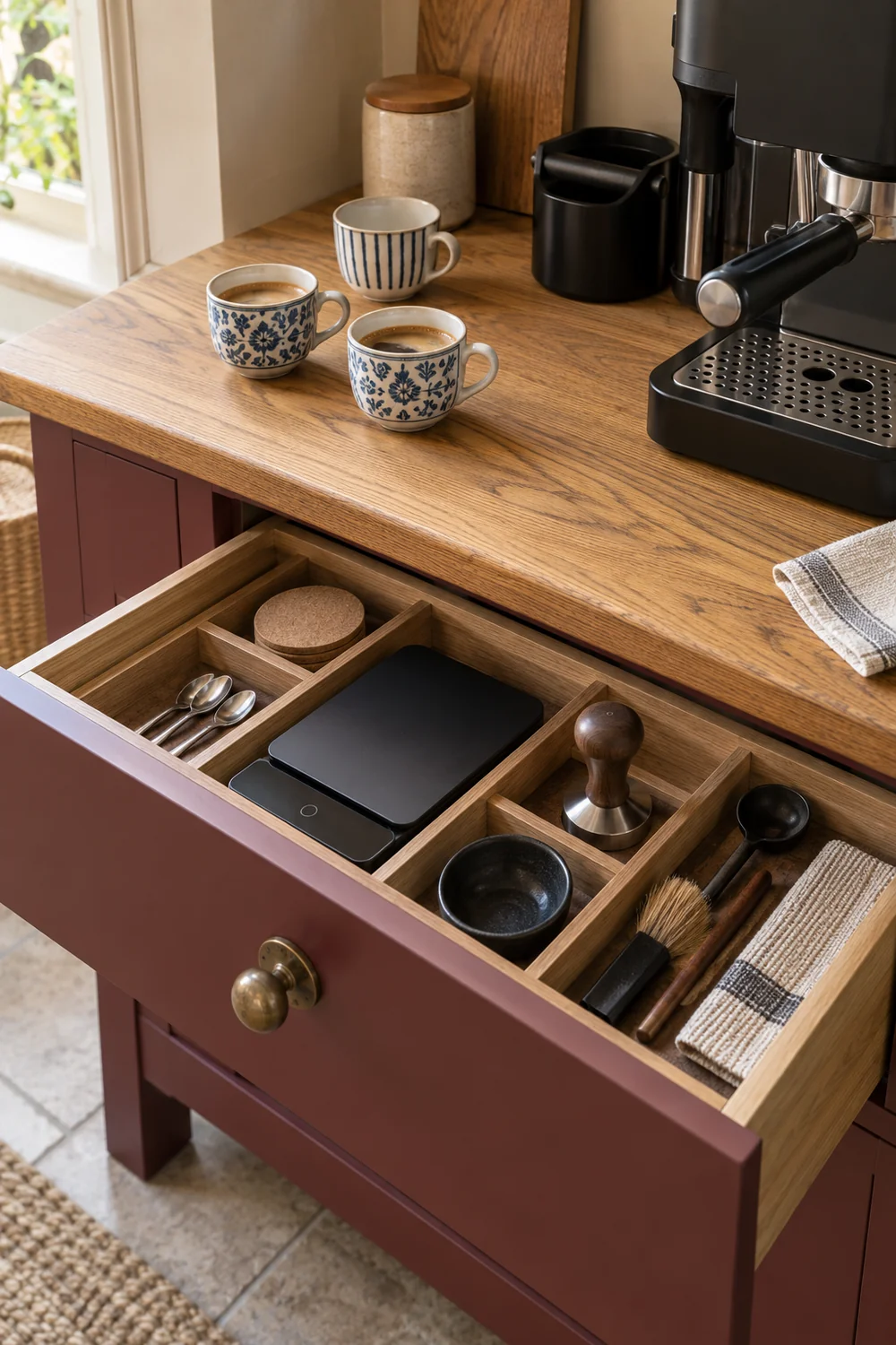 Coffee tools and spoons in a divided oak drawer beneath a coffee machine