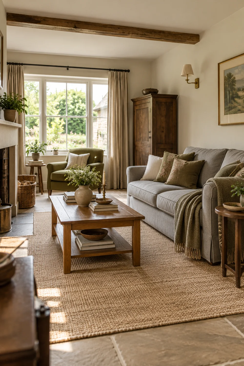 Collected wooden furniture and a grey sofa in a bright cottage living room