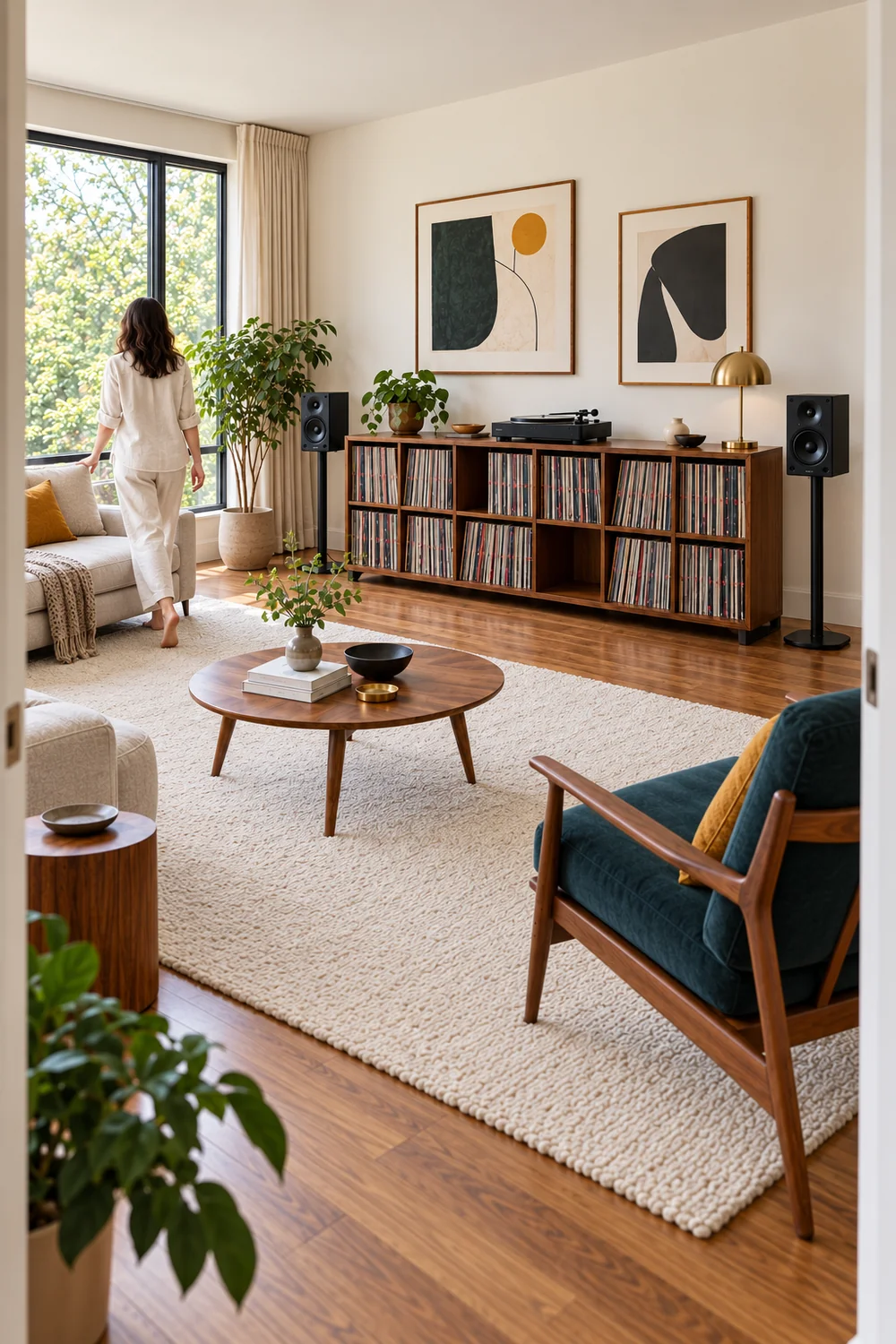 Collector beside a walnut record cabinet with empty space for new arrivals