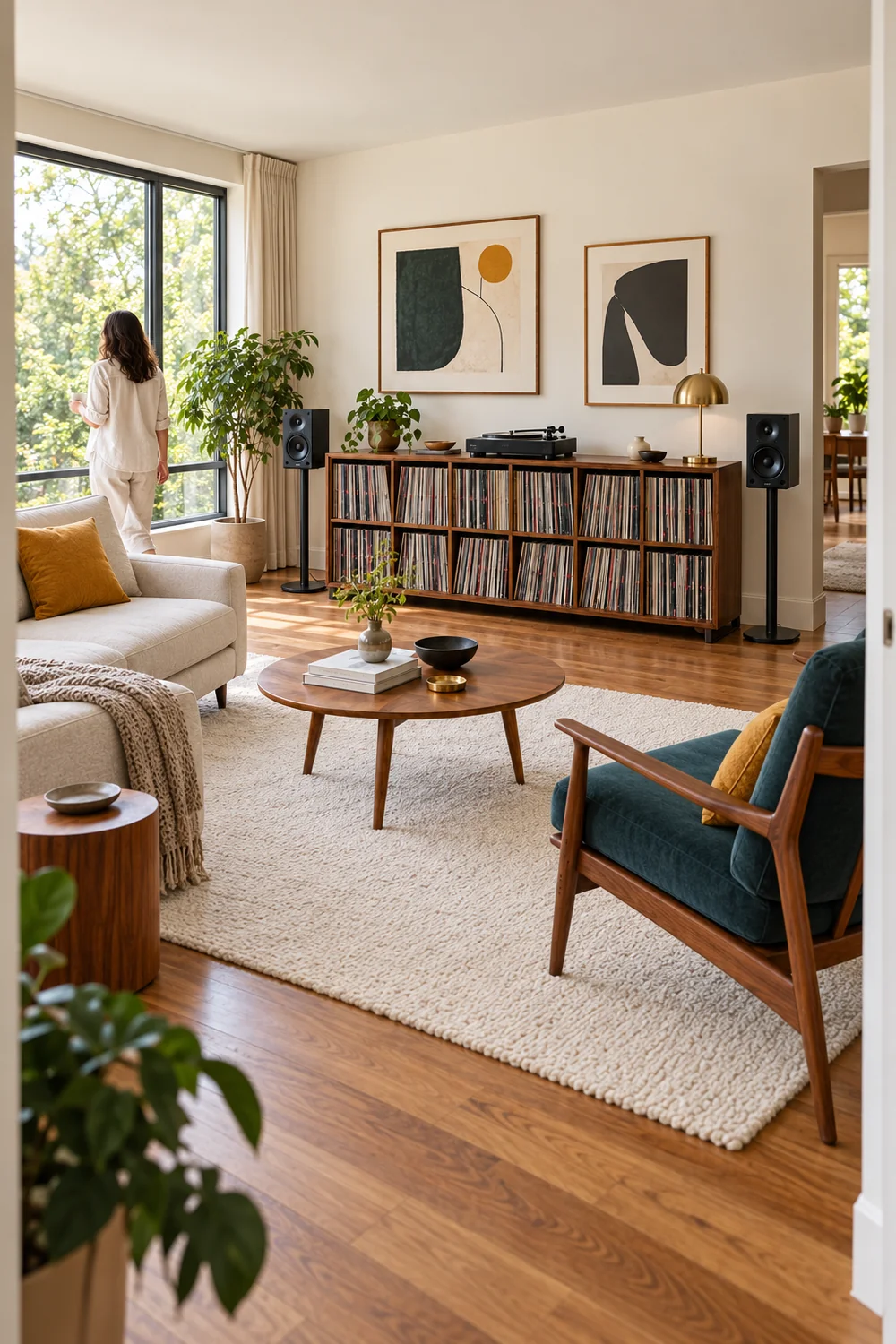 Collector in ivory linen beside the window of a walnut and petrol living room