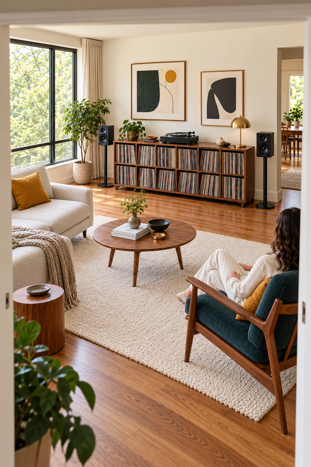 Collector seated in a petrol chair facing a walnut record collection