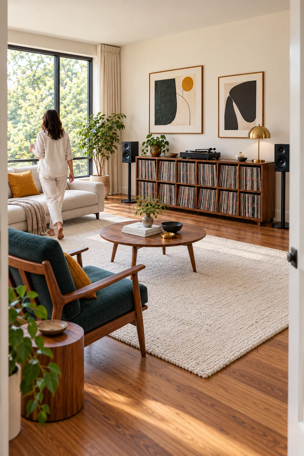 Collector walking beside cream seating in a walnut record listening room