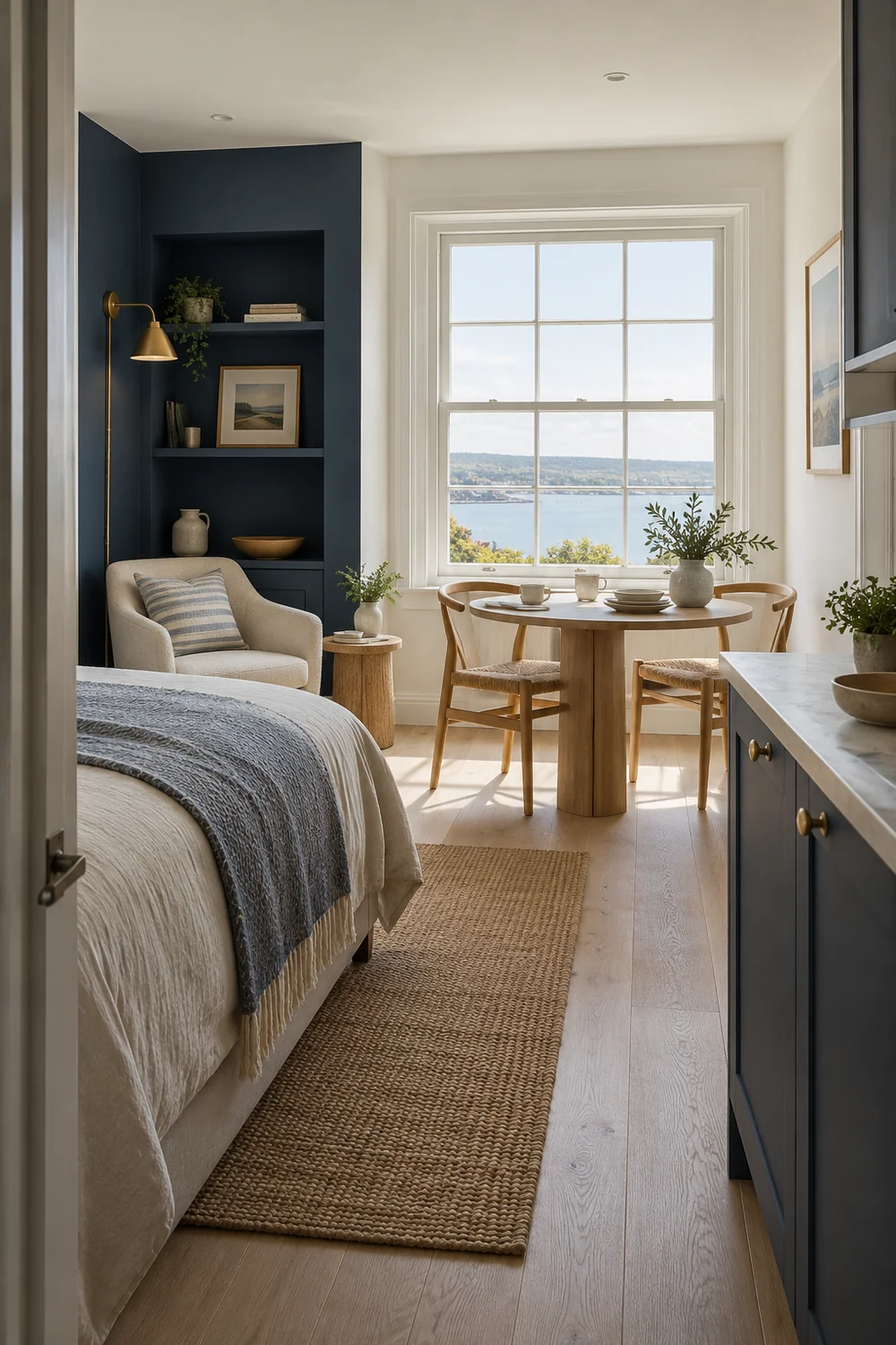 Compact apartment with a navy alcove and a round dining table