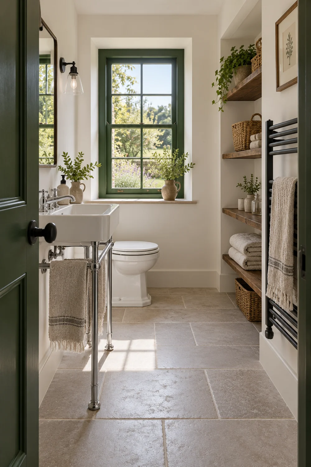 Compact bathroom with a white basin open shelves and clear floor space