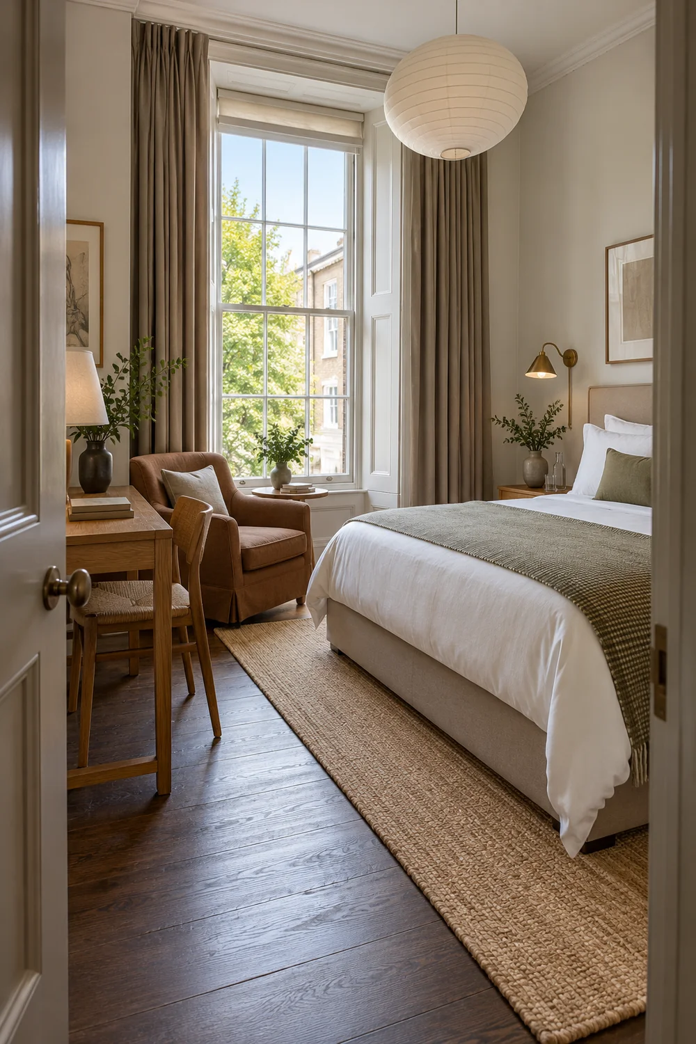Compact bedroom with a tall window and tobacco armchair