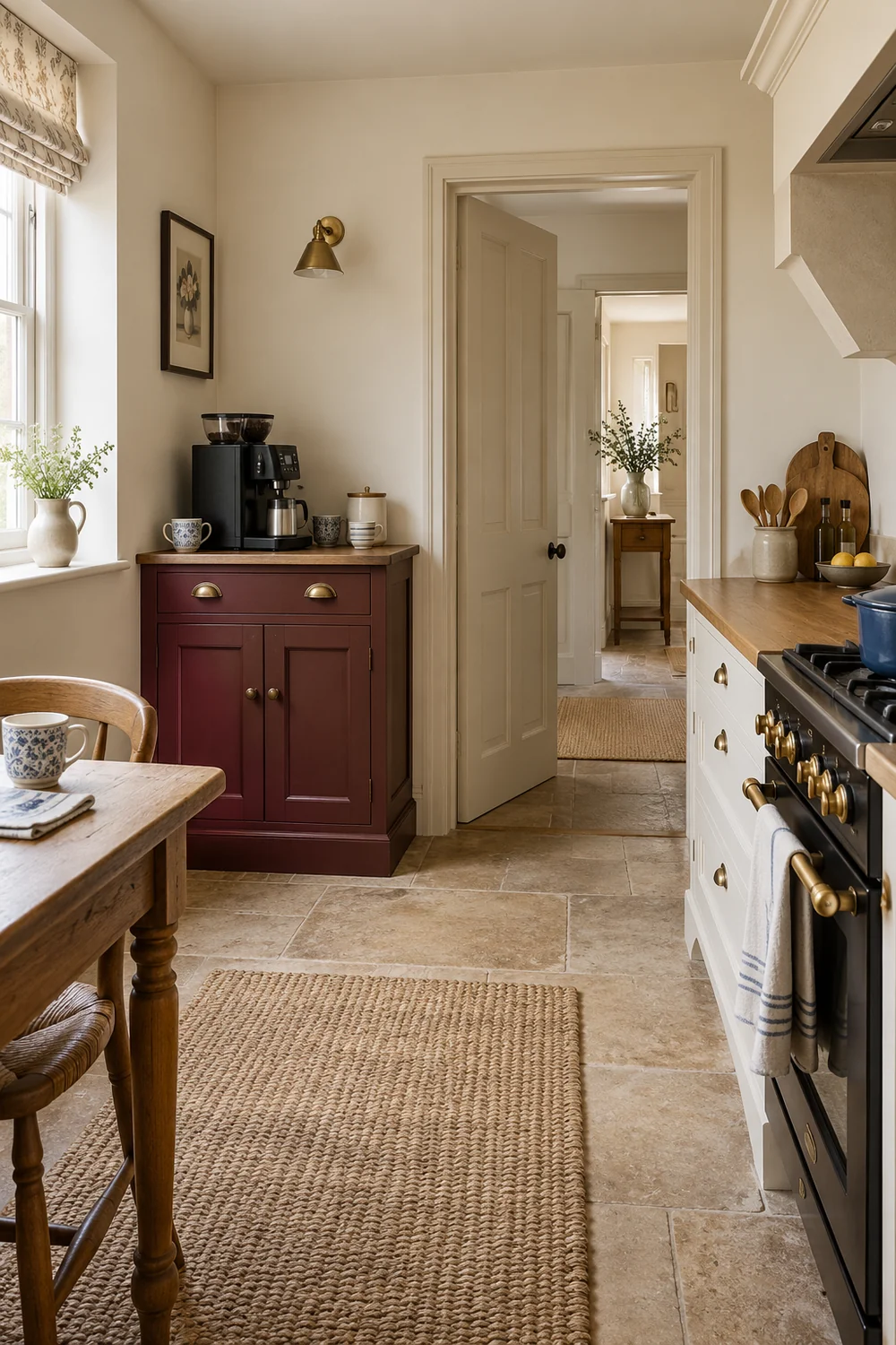 Compact burgundy coffee cabinet beside an open kitchen doorway and cream cupboards