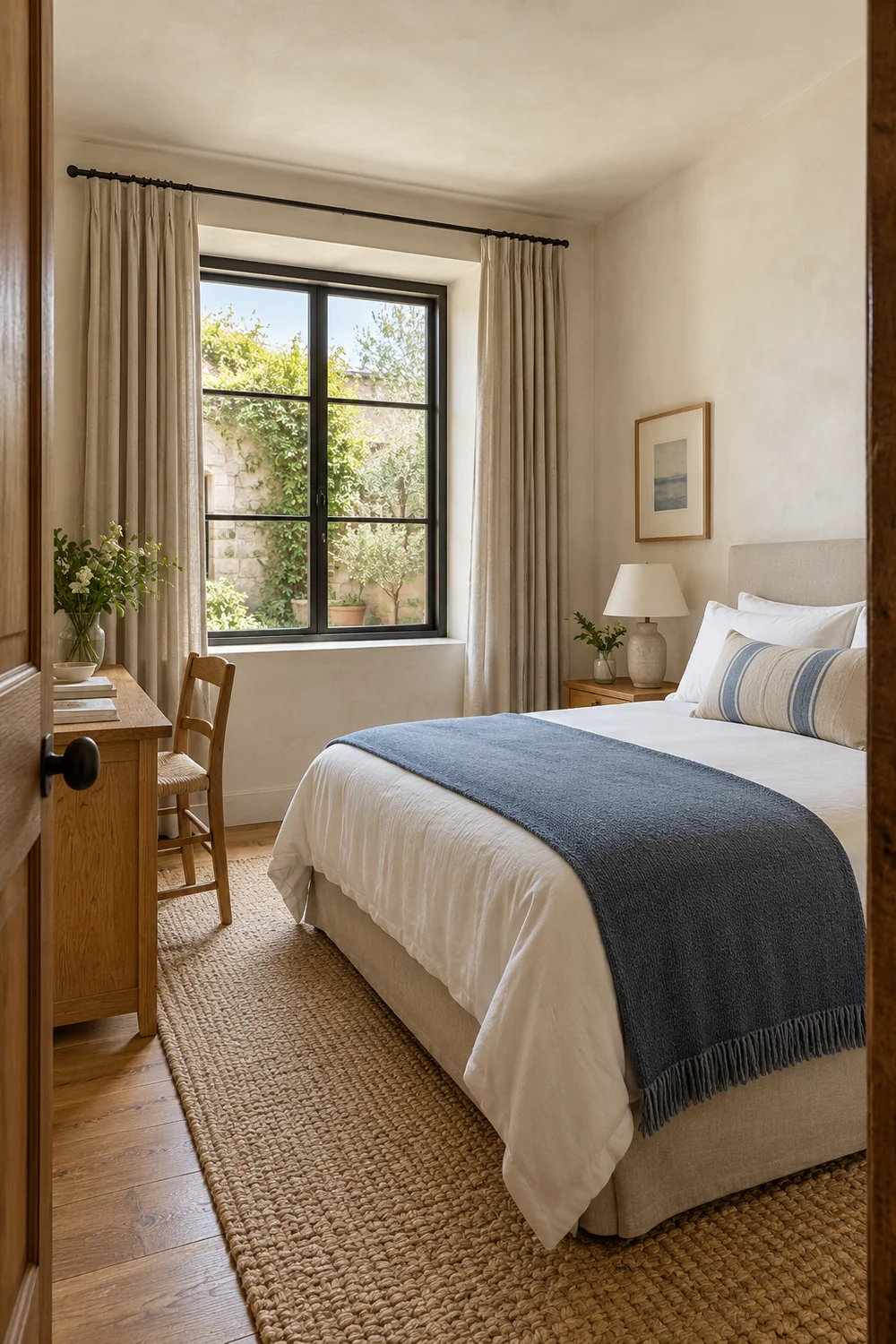 Compact double bedroom with a courtyard window and an oak desk