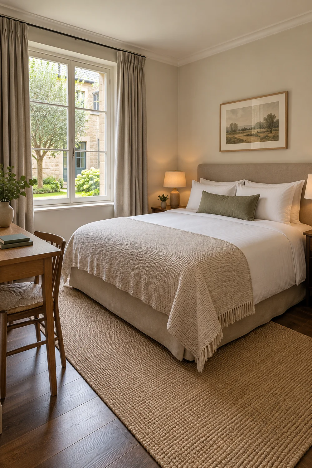 Compact double bedroom with a desk beside a garden window