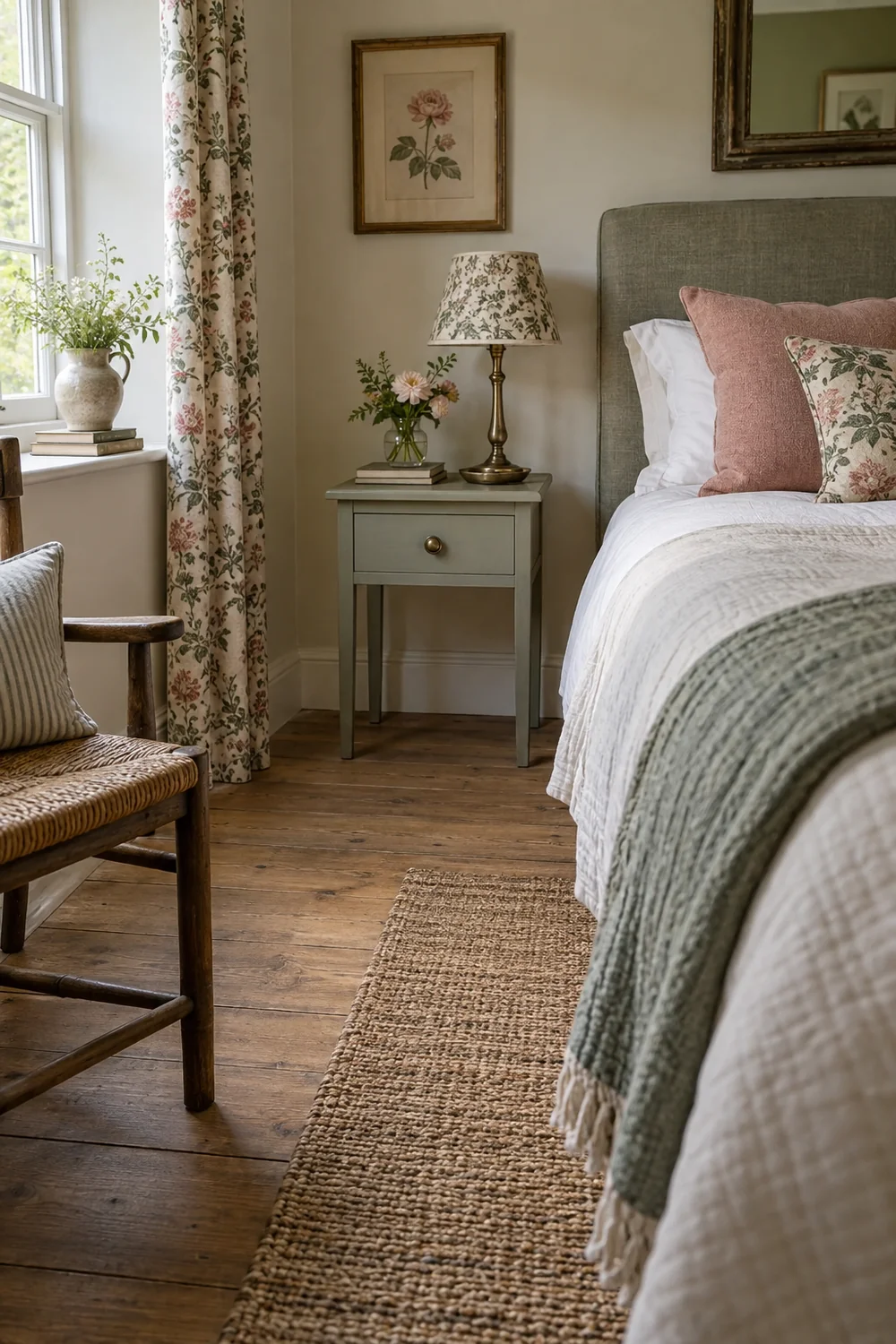Compact sage bedside chest beside an iron bed with open floor visible