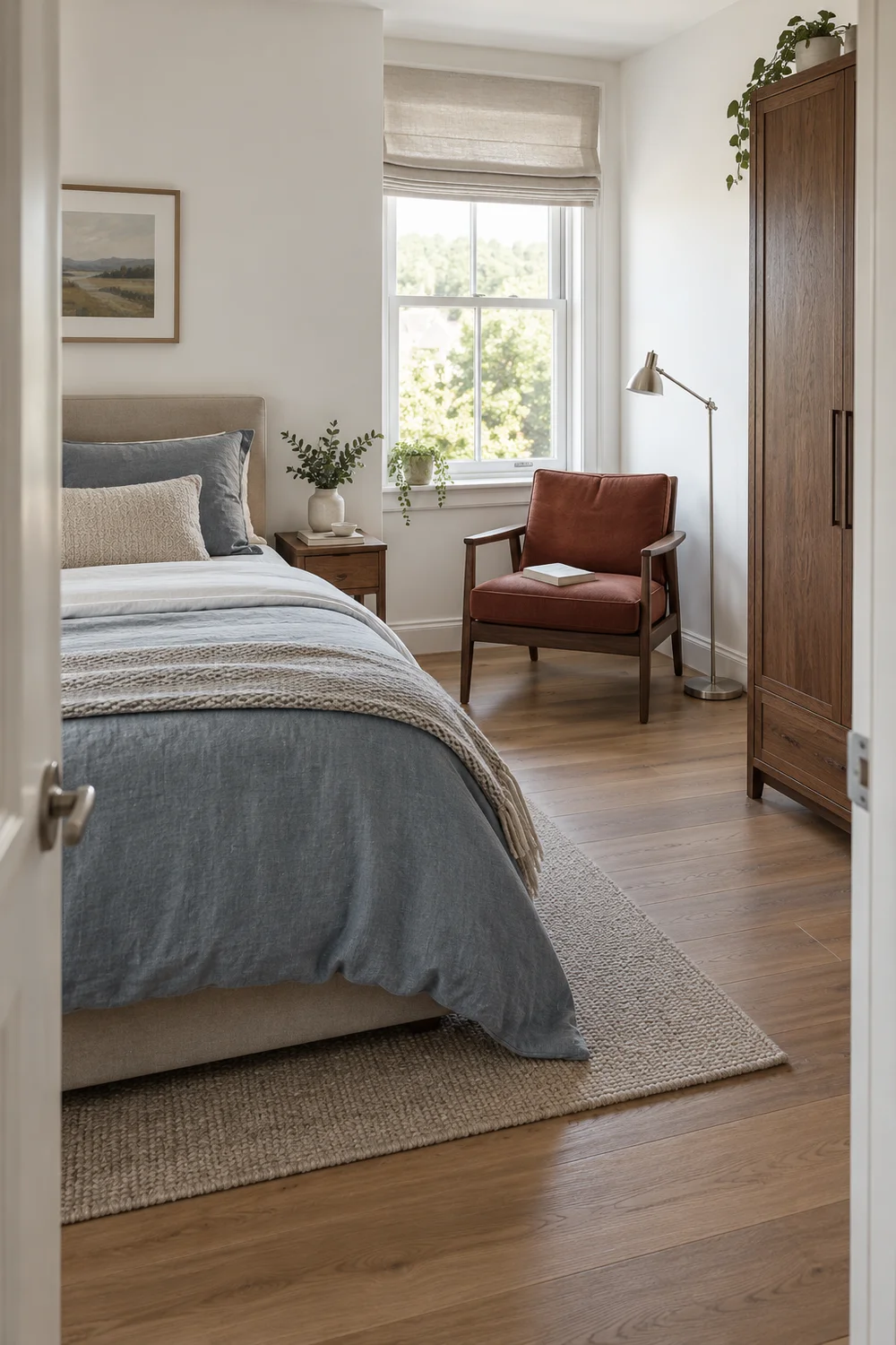 Compact walnut reading chair between a bedroom bed and wardrobe