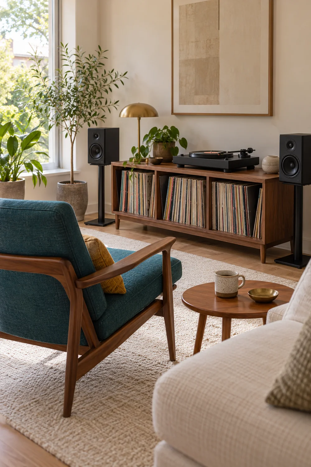 Compact walnut record corner with a petrol chair and a small teak table