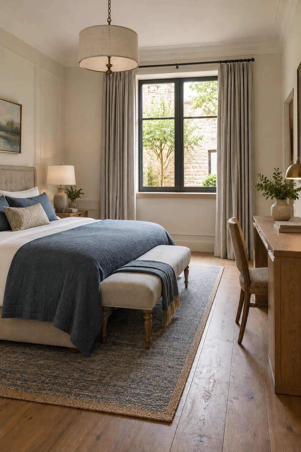 Complete double bedroom with slate blue textiles and a courtyard window