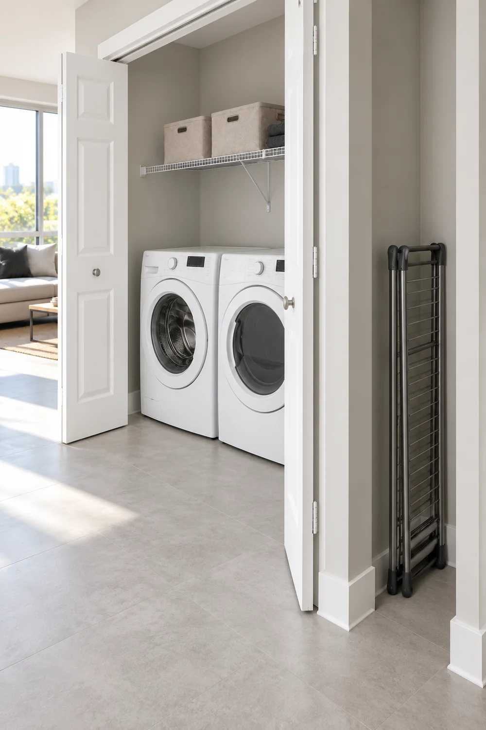 Complete folded drying rack with visible feet stored outside the open laundry closet