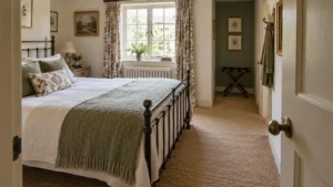 Complete small guest bedroom showing a clear route from doorway to a restrained iron bed and discreet luggage landing area
