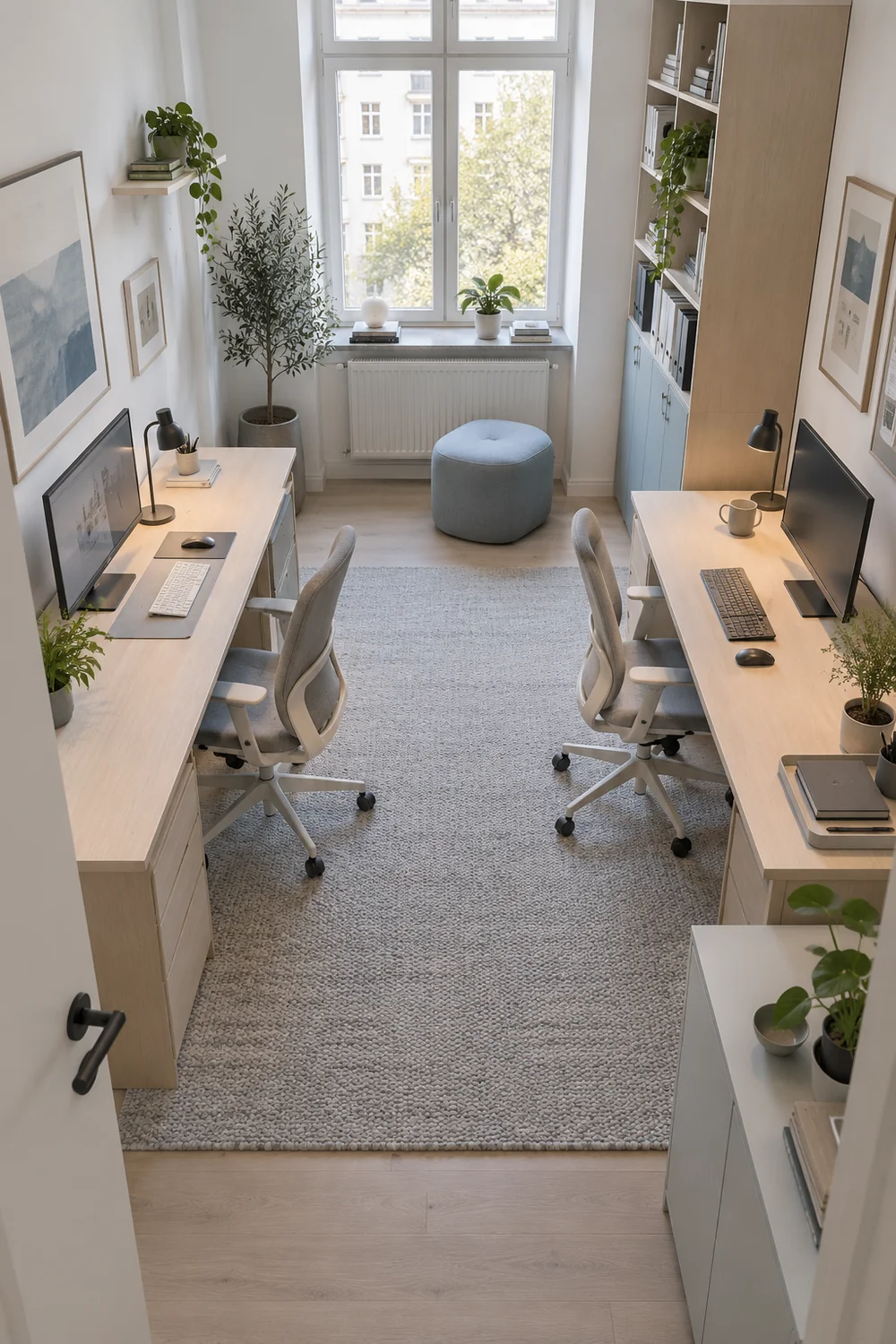 Completed two desk office with chairs and shared storage correctly placed