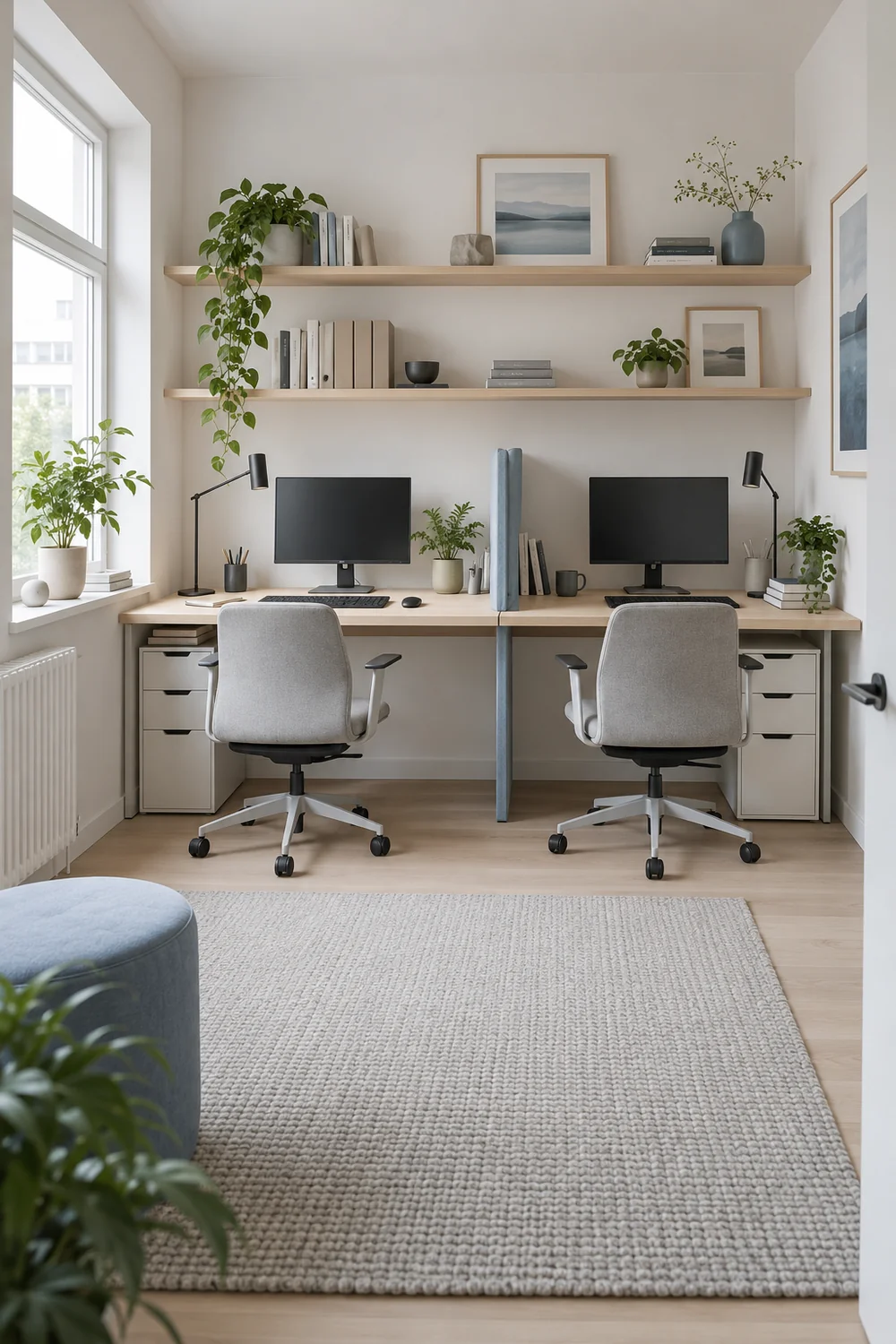 Continuous birch desk surface serving two separate workstations
