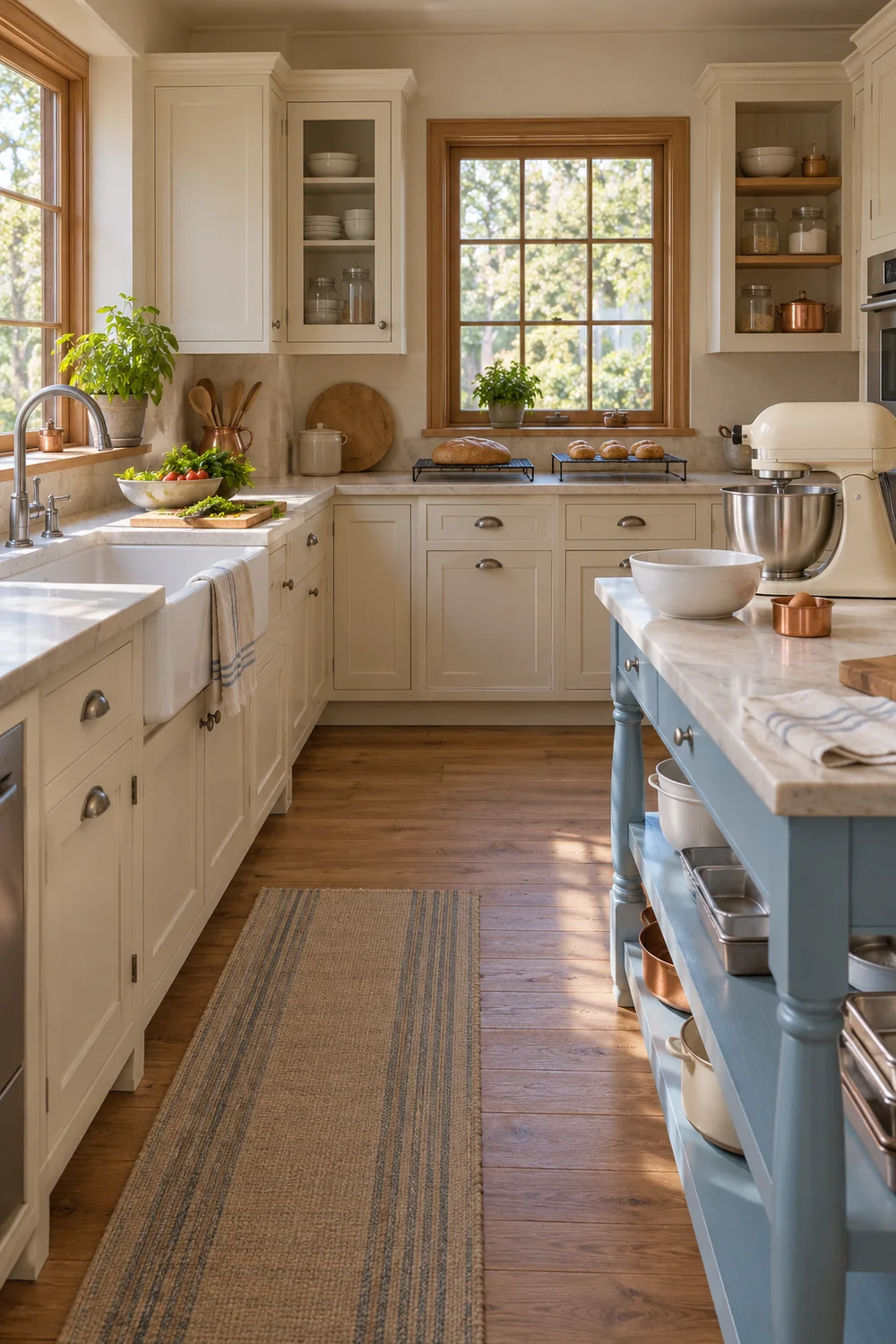 Cooling bread and rolls on a rear counter with meal preparation beside the sink