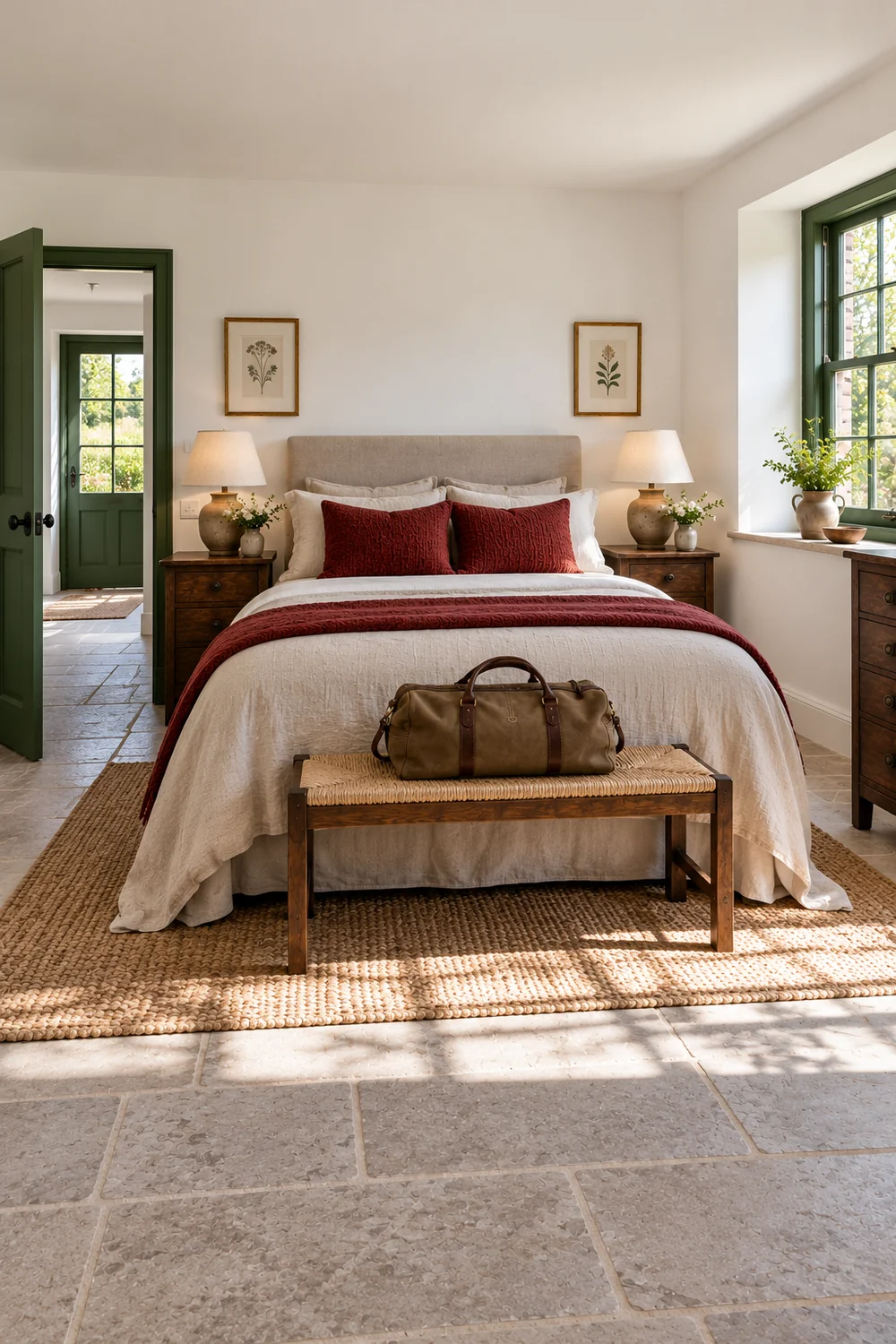 Cottage bed viewed from its foot with a luggage bench and bedside lamps
