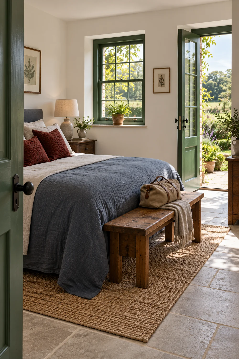 Cottage bed with a blue cover and luggage bench beside a garden door
