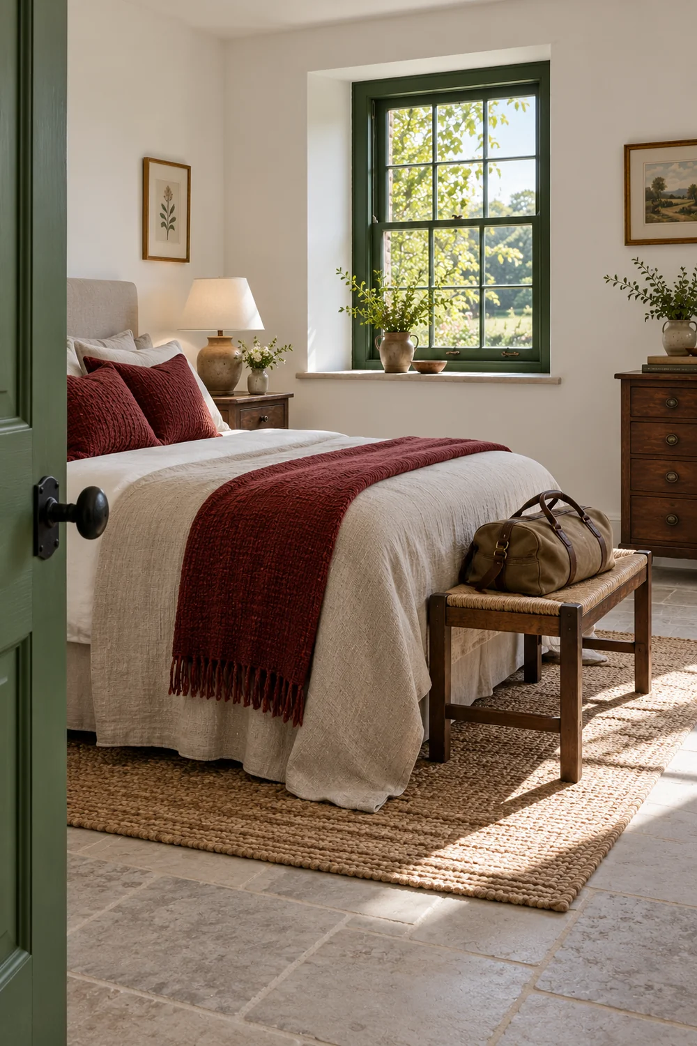 Cottage bedroom with bedside lamps and a bag on a luggage bench