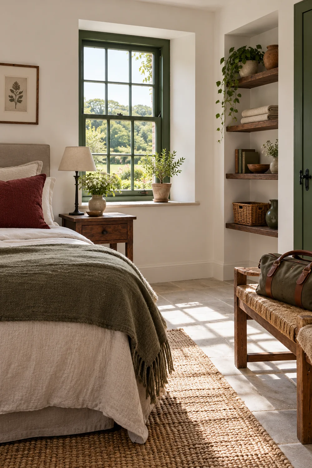 Cottage bedroom with open shelves and a bag on a woven luggage bench