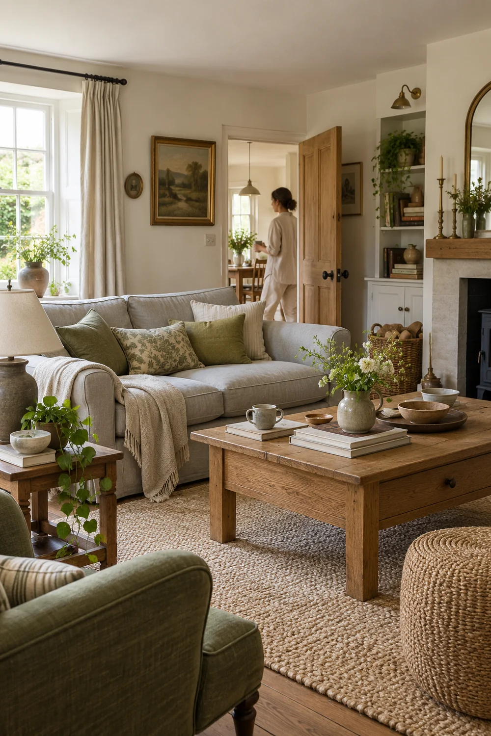 Cottage seating with oak coffee table and an inhabitant walking through the doorway