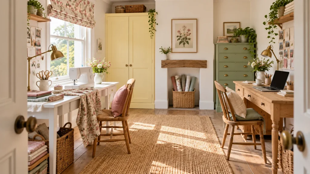 Cottage sewing and computer office with separate tables and a clear central route