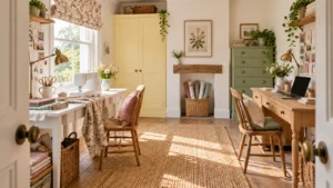 Cottage sewing and computer office with separate tables and a clear central route