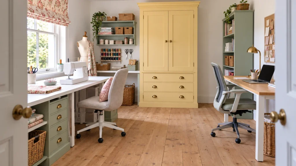 Cottage sewing office layout with two desks and storage on the end wall