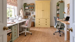 Cottage sewing office layout with two desks and storage on the end wall