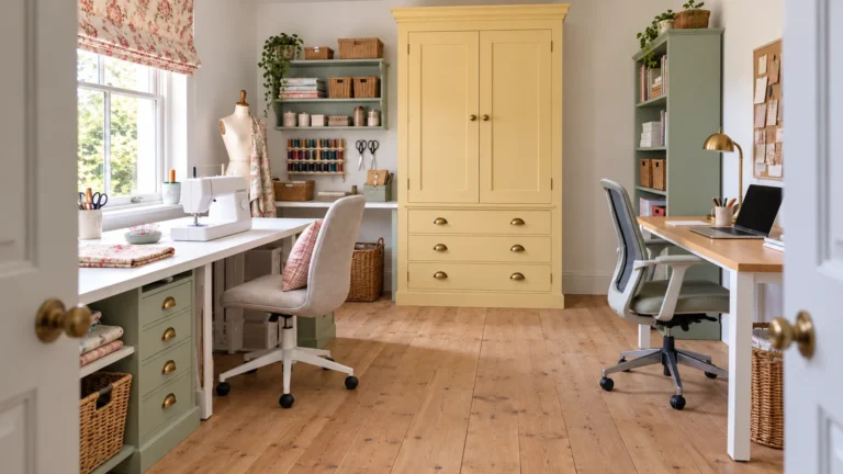 Cottage sewing office layout with two desks and storage on the end wall