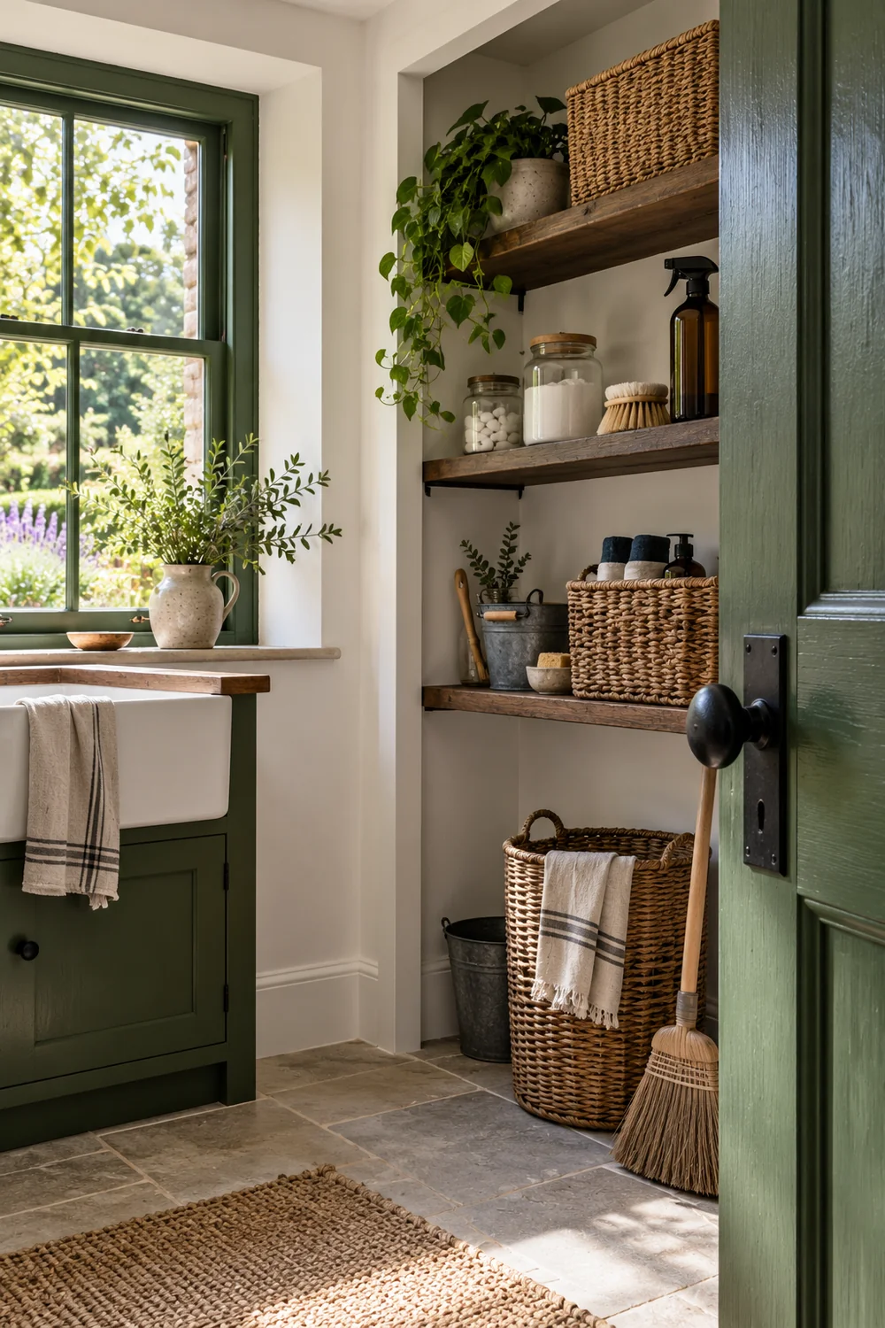 Cottage utility shelves with plain cleaning bottles and a broom