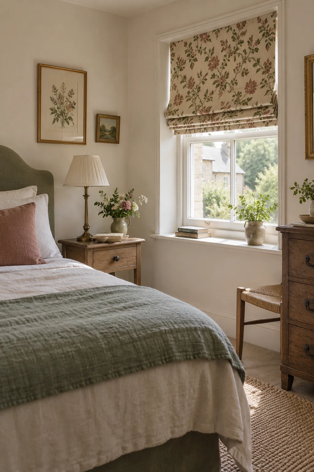 Country window with a compact floral Roman blind clearing a bedside table and preserving daylight