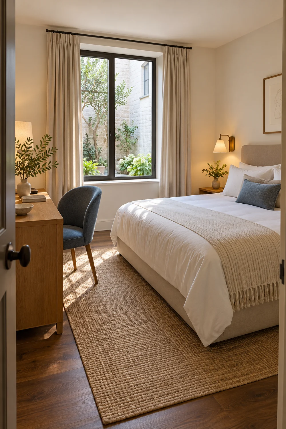 Courtyard window beside a slate blue desk chair and cream hotel bed