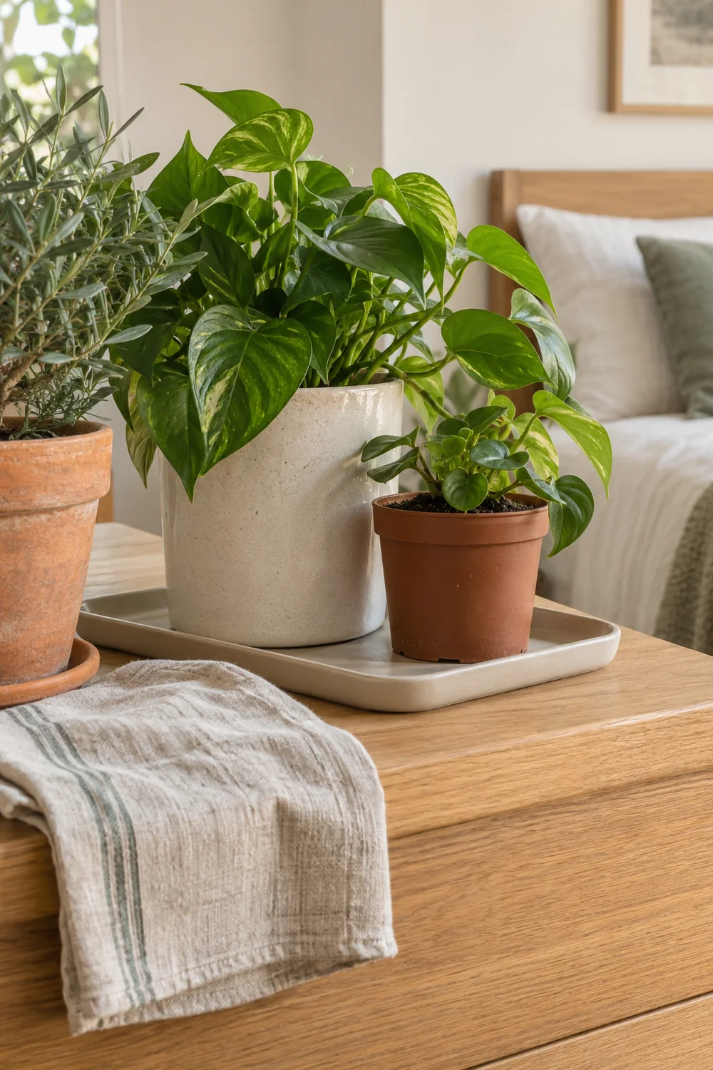 Cream and clay plant pots on a tray above a timber chest beside a folded cloth