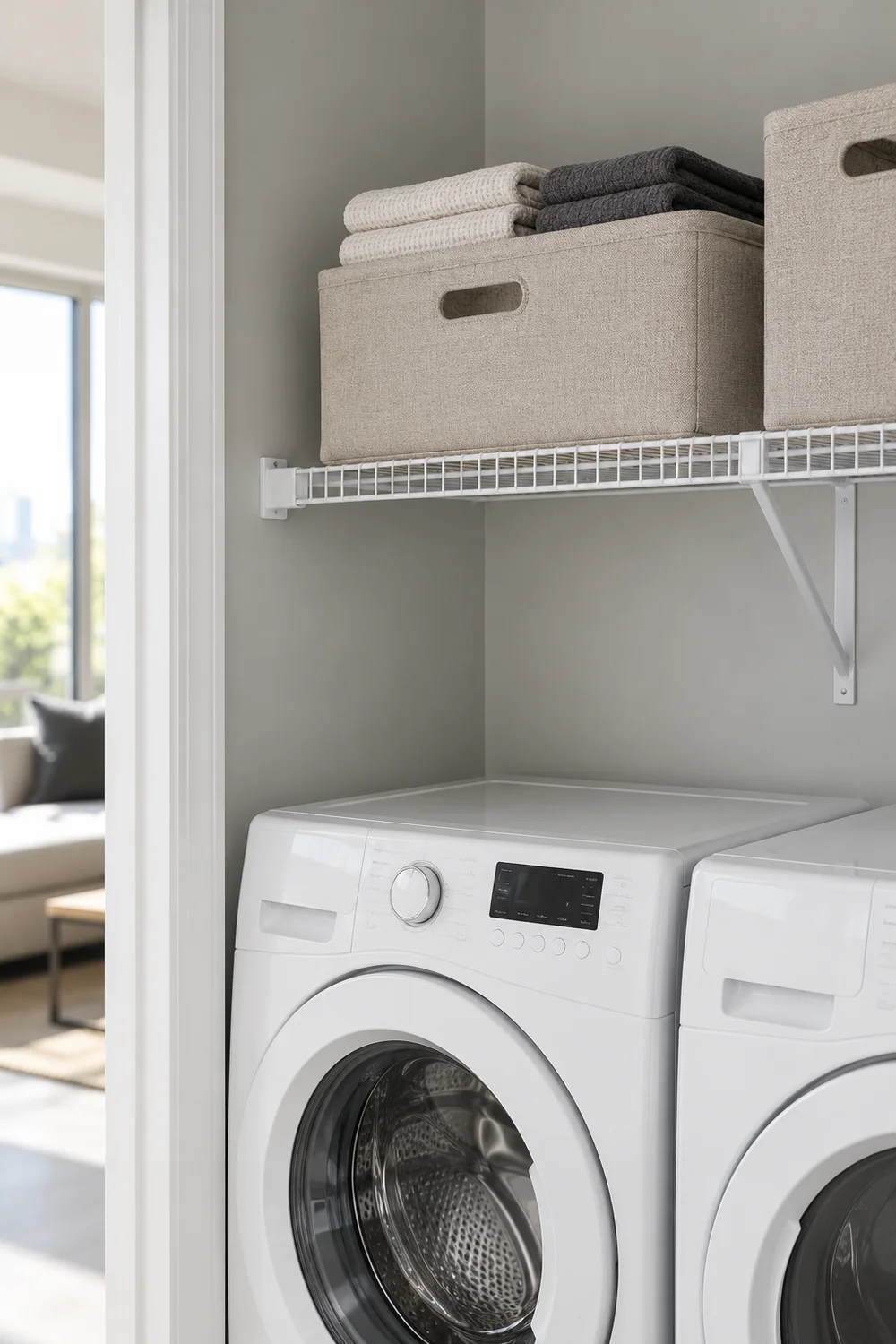 Cream and dark folded cloths in a fabric bin on an existing white wire shelf