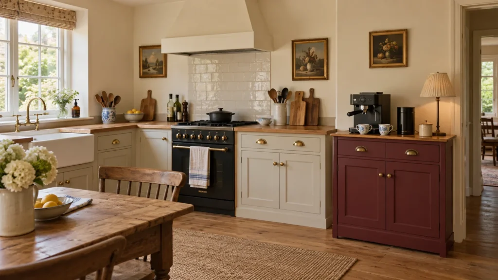 Cream cottage kitchen with a burgundy coffee cabinet beside a black range cooker