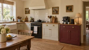 Cream cottage kitchen with a burgundy coffee cabinet beside a black range cooker